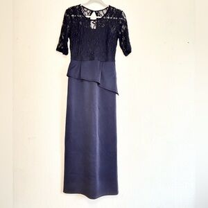 Enfocus Studio - Floor Length Dark Navy Blue Lace and Ruffle Dress in Size 6